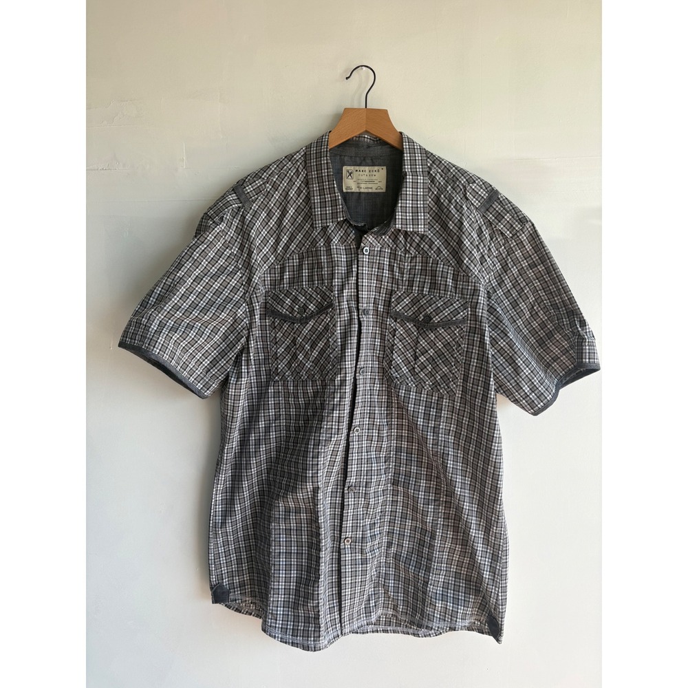 Marc Ecko Cut & Sew Mens XL Short Sleeve Plaid Button Up Shirt Grey Black Cotton